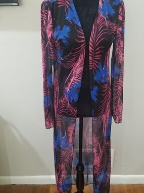 Sheer Black Duster Swim Coverup with Pink Palm Print & Blue Floral Accents